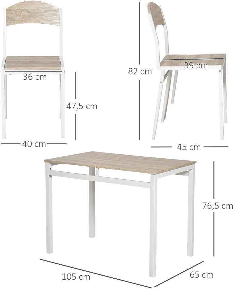 HOMCOM 5 dalių valgomojo komplektas, stalas su medžio rašto MDF stalviršiu ir metaliniu rėmu, pilka ir balta spalvos, 1 stalas + 4 kėdės