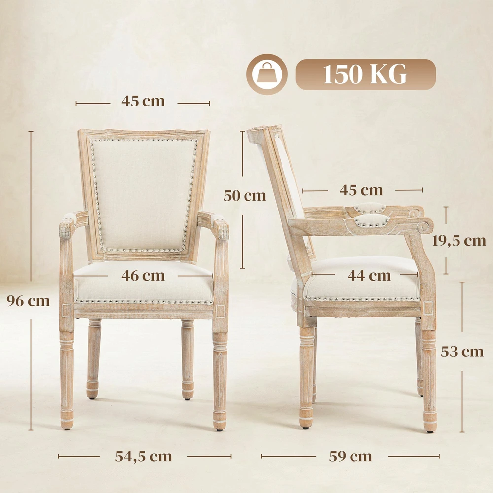 HOMCOM valgomojo kėdė, virtuvinė kėdė su porankiais ir lininiu audiniu, vintažinio stiliaus minkšta kėdė, iki 150 kg, 59x63,5x96 cm