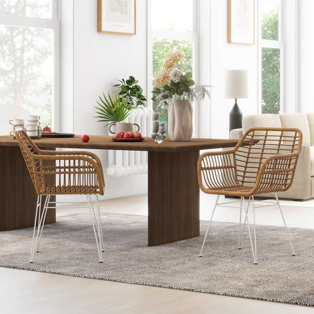 HOMCOM valgomojo kėdės 2 virtuvės kėdės su atlošu, rotango išvaizdos, valgomojo kėdė su plieninėmis kojelėmis, boho stiliaus, skirtos svetainei, valgomajam, balkonui, šviesiai rudos spalvos