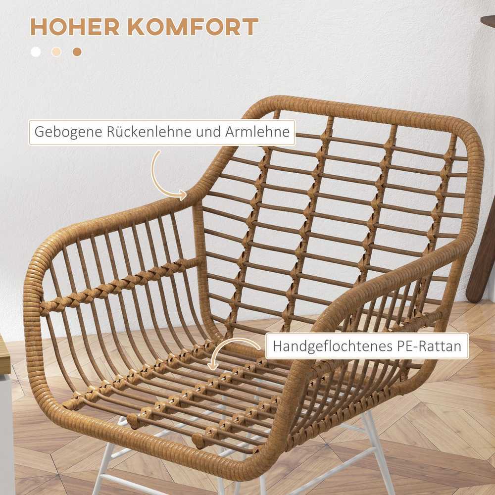 HOMCOM valgomojo kėdės 2 virtuvės kėdės su atlošu, rotango išvaizdos, valgomojo kėdė su plieninėmis kojelėmis, boho stiliaus, skirtos svetainei, valgomajam, balkonui, šviesiai rudos spalvos