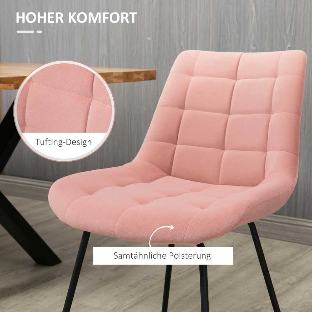 HOMCOM valgomojo kėdės, 2 vnt. komplektas, virtuvės kėdė su atlošu, rožinės spalvos aksominis apmušalas, retro dizainas, plieninės kojelės, svetainei