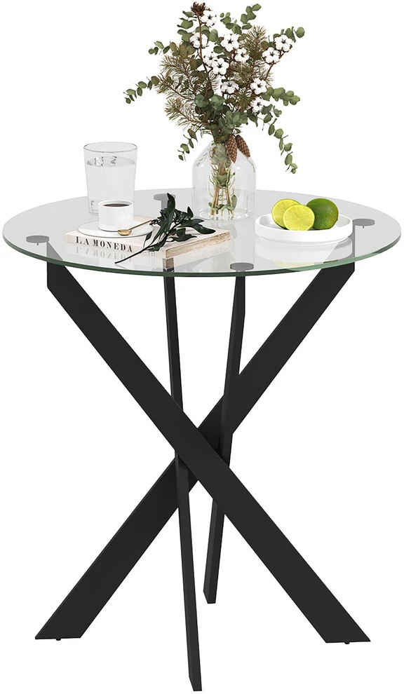HOMCOM valgomojo stalas, apvalus virtuvės stalas 4 asmenims, pietų stalas su plieninėmis kojomis, grūdinto stiklo stalviršis, skirtas valgomajam, virtuvei, Ø70 x 75 cm, modernus dizainas, juodas+skaidrus