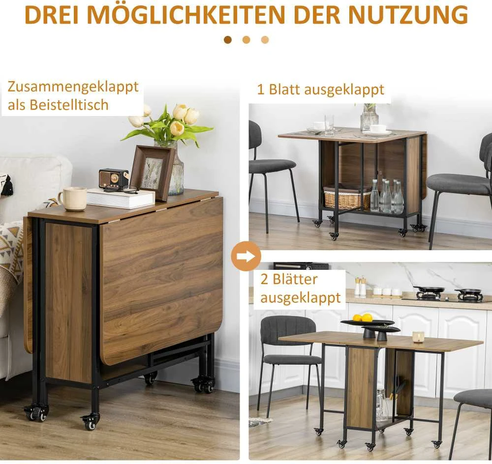HOMCOM sulankstomas pietų stalas, mobilus, 6 vietų, su lentyna, mažoms erdvėms, iki 50 kg, 130x80x74 cm, šviesiai rudas