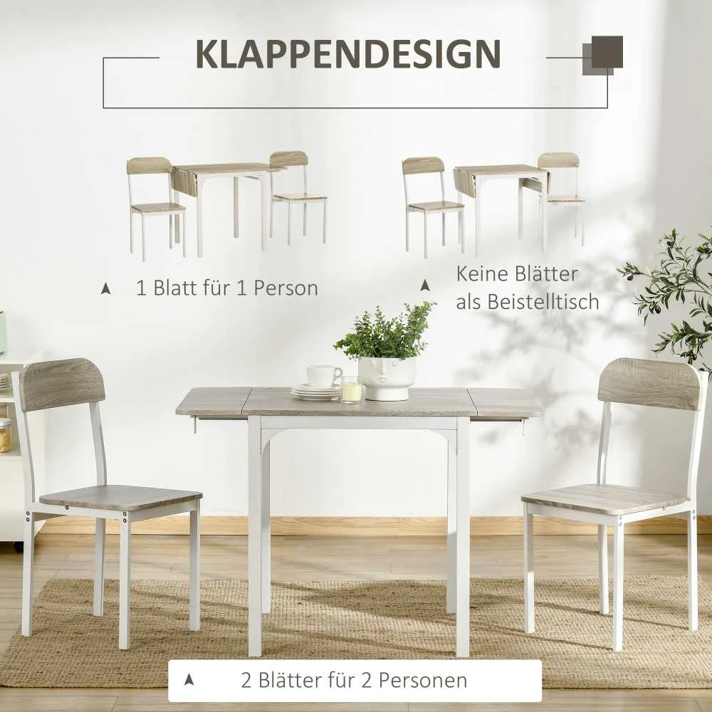 HOMCOM 3 dalių valgomojo baldų komplektas su 2 kėdėmis ir 1 stalu, sulankstomas stalo paviršius, plienas, MDF, natūrali+balta, 120 x 60 x 75 cm