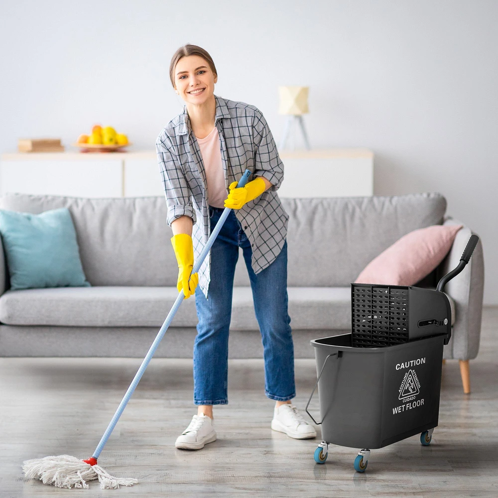 HOMCOM valymo vežimėlis su kibiru, 20 litrų, su presu, 2 skyriai, juodas