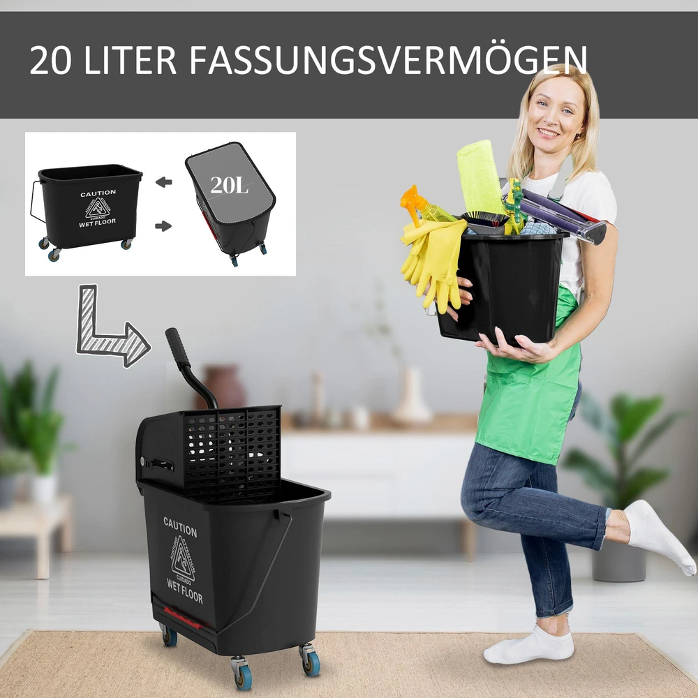 HOMCOM valymo vežimėlis su kibiru, 20 litrų, su presu, 2 skyriai, juodas