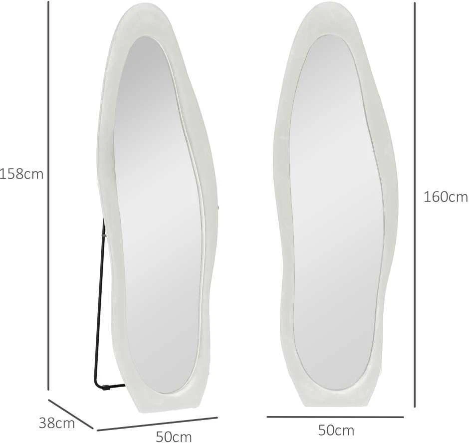 HOMCOM viso ūgio veidrodis 50 x 160 cm, pastatomas veidrodis su aksominiu rėmo apmušalu, netaisyklingas banguotas sieninis veidrodis miegamajam, svetainei, baltas