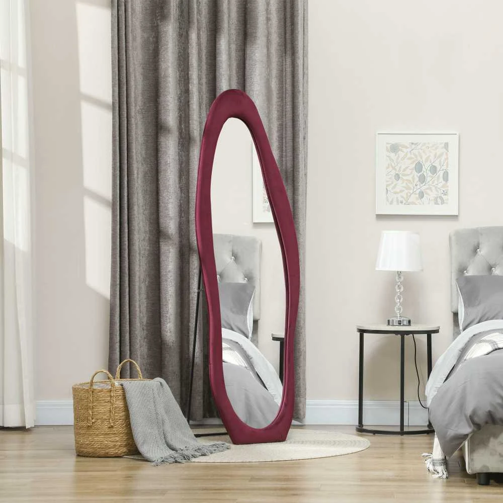 HOMCOM viso ūgio veidrodis 50 x 160 cm, pastatomas veidrodis su aksominiu rėmo apmušalu, netaisyklingas banguotas sieninis veidrodis miegamajam, svetainei, baltas