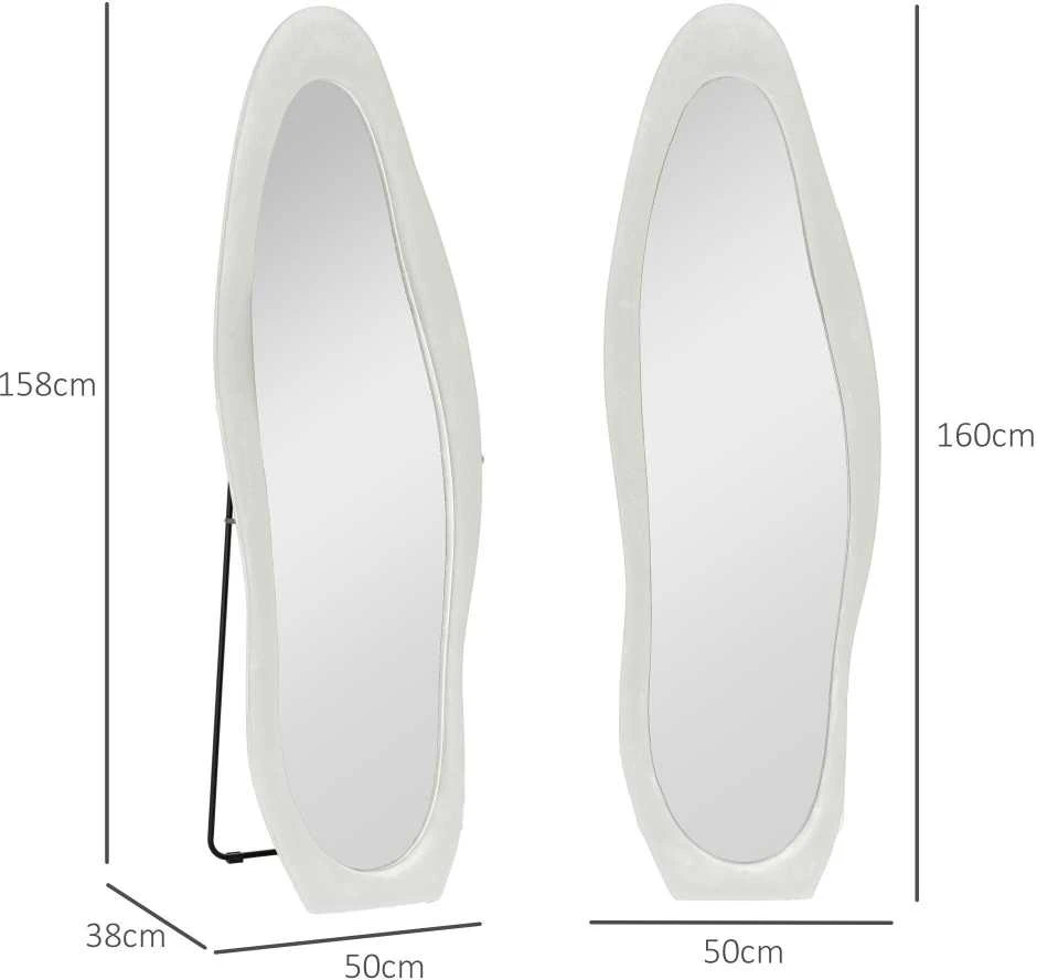 HOMCOM viso ūgio veidrodis 50 x 160 cm, pastatomas veidrodis su aksominiu rėmo apmušalu, netaisyklingas banguotas sieninis veidrodis miegamajam, svetainei, baltas