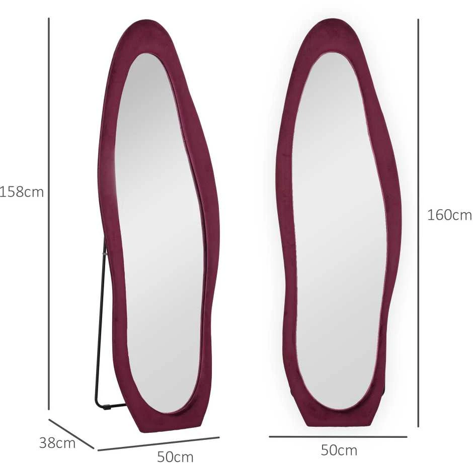 HOMCOM viso ūgio veidrodis 50 x 160 cm, pastatomas veidrodis su aksominiu rėmo apmušalu, netaisyklingas banguotas sieninis veidrodis miegamajam, svetainei, baltas