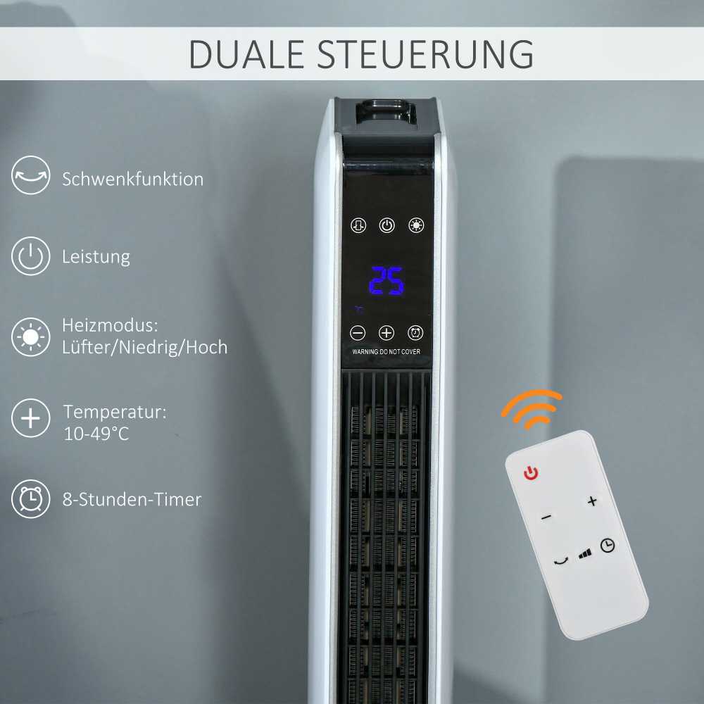 Homcom Ventiliatorinis šildytuvas su nuotolinio valdymo pulteliu 2200W, 21 x 21 x 73 cm