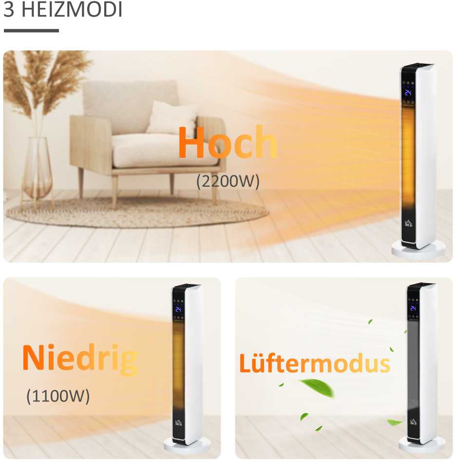 Homcom Ventiliatorinis šildytuvas su nuotolinio valdymo pulteliu 2200W, 21 x 21 x 73 cm