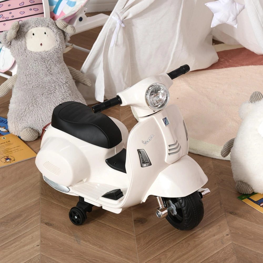 HOMCOM VESPA elektrinis motociklas vaikams, 18-36 mėn., 3 km/h, LED šviesa & garsas, PP plastikas & metalas, baltas, 66,5x38x52cm
