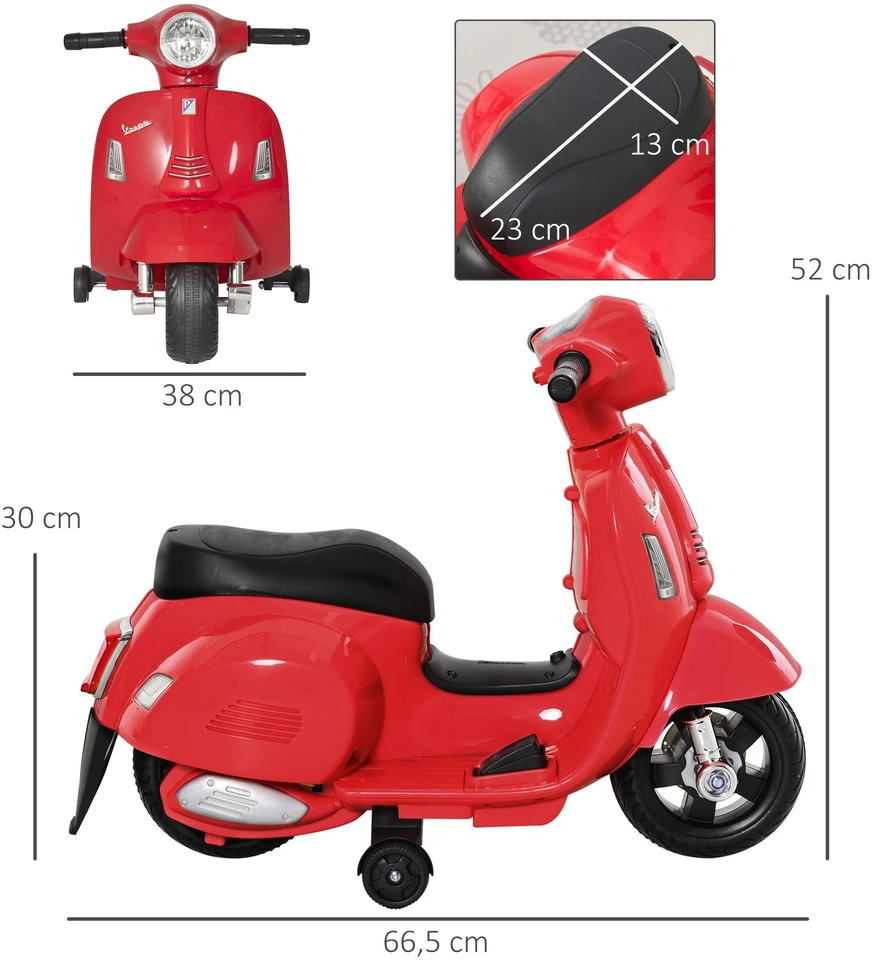 HOMCOM VESPA elektrinis vaikiškas motociklas, 18-36 mėn., 3 km/h, LED šviesos, garsas, PP plastikas, metalas, raudonas, 66,5 x 38 x 52 cm