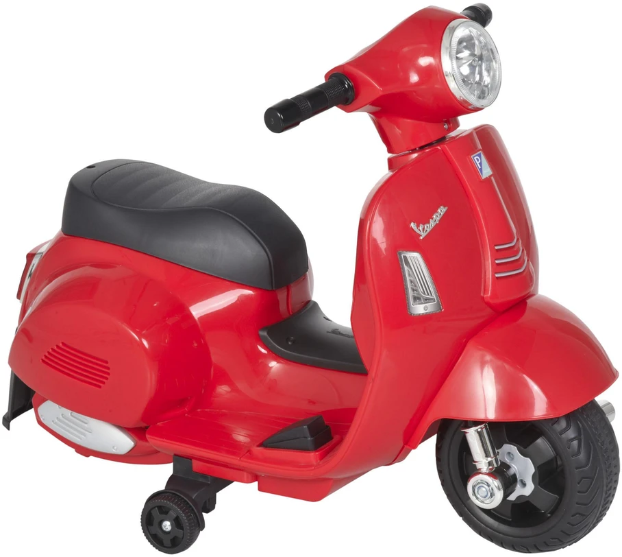 HOMCOM VESPA elektrinis vaikiškas motociklas, 18-36 mėn., 3 km/h, LED šviesos, garsas, PP plastikas, metalas, raudonas, 66,5 x 38 x 52 cm
