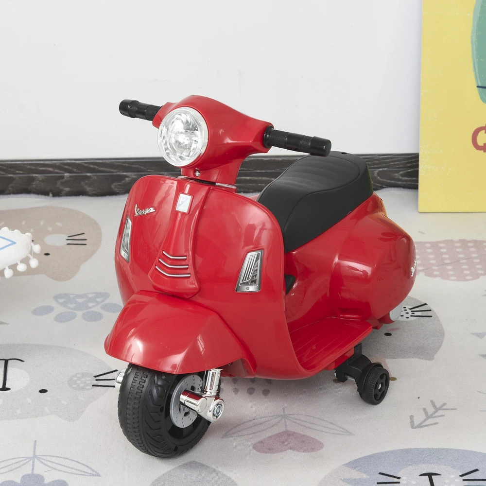 HOMCOM VESPA elektrinis vaikiškas motociklas, 18-36 mėn., 3 km/h, LED šviesos, garsas, PP plastikas, metalas, raudonas, 66,5 x 38 x 52 cm