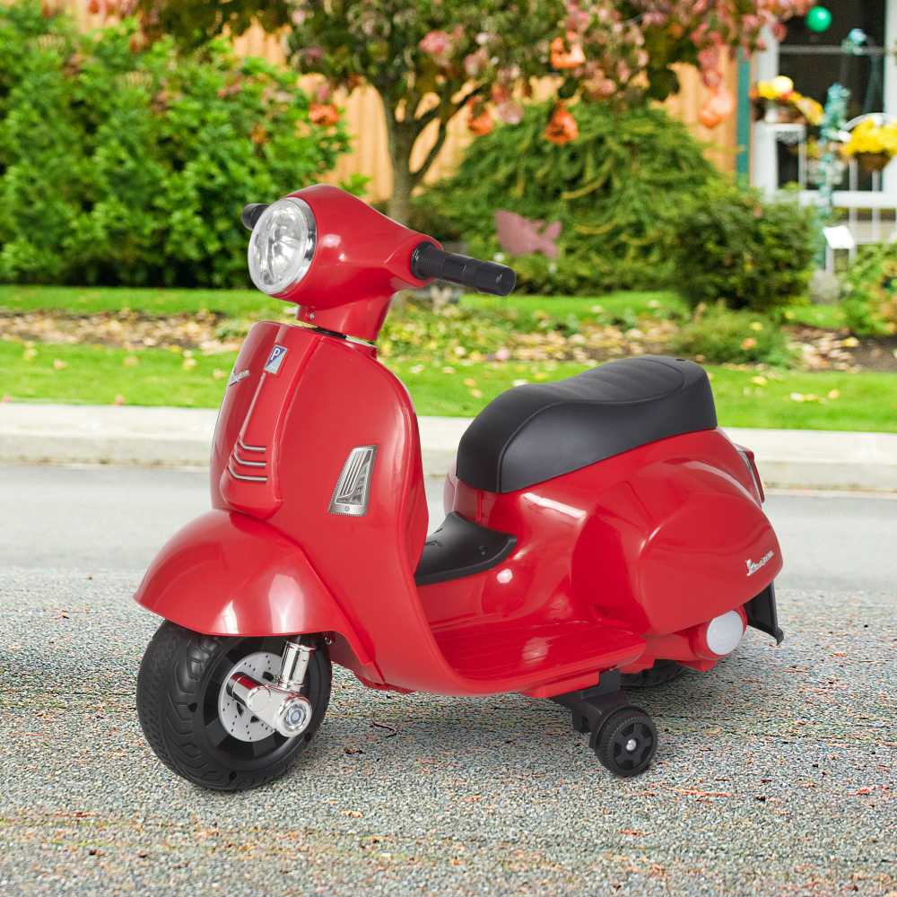 HOMCOM VESPA elektrinis vaikiškas motociklas, 18-36 mėn., 3 km/h, LED šviesos, garsas, PP plastikas, metalas, raudonas, 66,5 x 38 x 52 cm