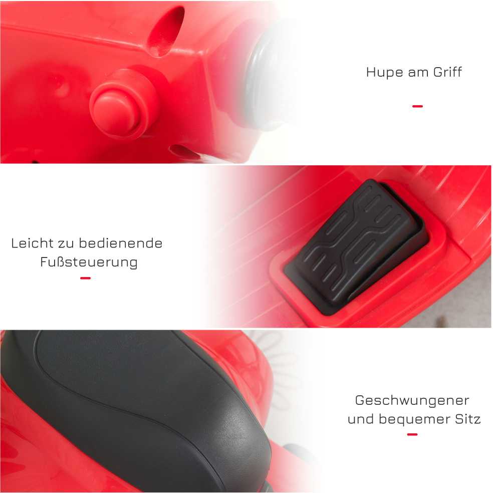 HOMCOM VESPA elektrinis vaikiškas motociklas, 18-36 mėn., 3 km/h, LED šviesos, garsas, PP plastikas, metalas, raudonas, 66,5 x 38 x 52 cm