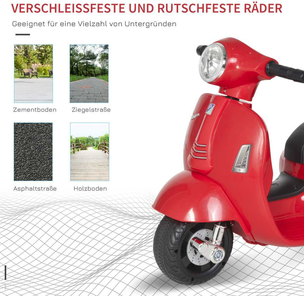 HOMCOM VESPA elektrinis vaikiškas motociklas, 18-36 mėn., 3 km/h, LED šviesos, garsas, PP plastikas, metalas, raudonas, 66,5 x 38 x 52 cm