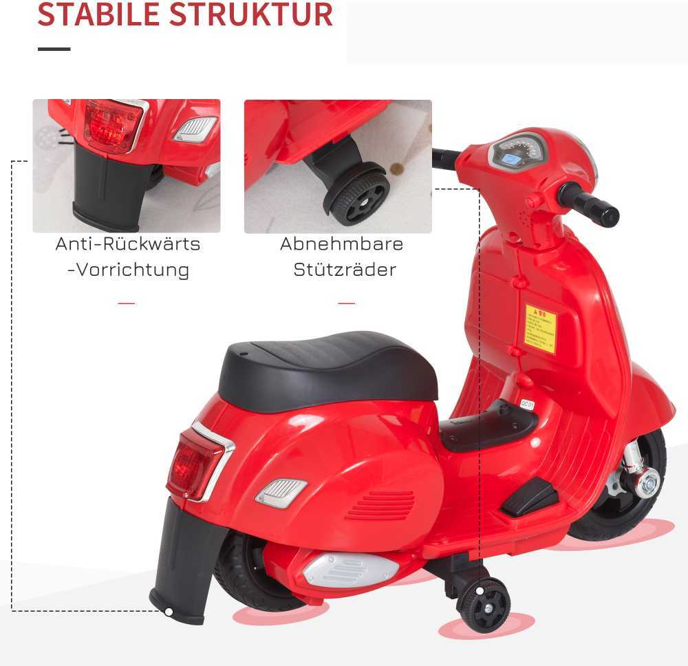 HOMCOM VESPA elektrinis vaikiškas motociklas, 18-36 mėn., 3 km/h, LED šviesos, garsas, PP plastikas, metalas, raudonas, 66,5 x 38 x 52 cm