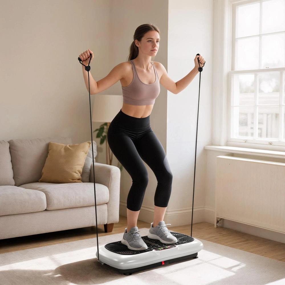 HOMCOM vibracinė platforma, treniruoklis su 2 pasipriešinimo gumomis, 99 vibracijos lygiai, iki 120 kg, viso kūno treniruotėms, 200 W
