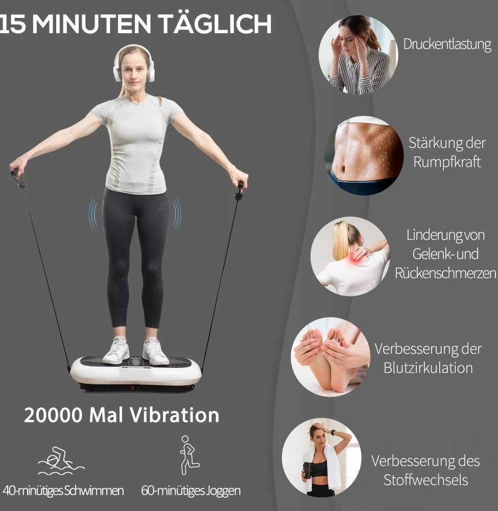 HOMCOM vibracinė platforma, treniruoklis su 2 pasipriešinimo gumomis, 99 vibracijos lygiai, iki 120 kg, viso kūno treniruotėms, 200 W