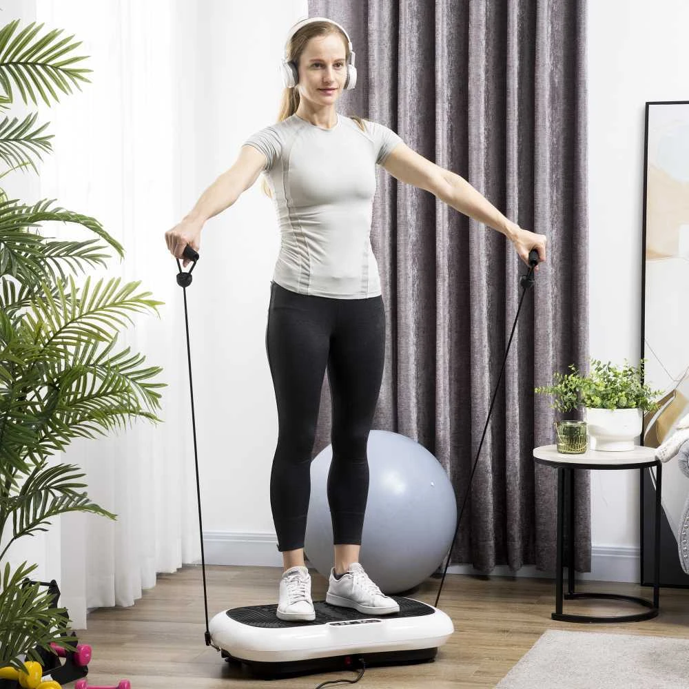 HOMCOM vibracinė platforma, treniruoklis su 2 pasipriešinimo gumomis, 99 vibracijos lygiai, iki 120 kg, viso kūno treniruotėms, 200 W
