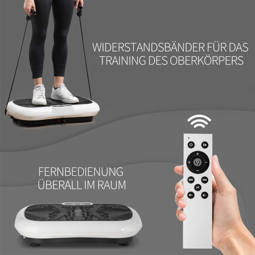 HOMCOM vibracinė platforma, treniruoklis su 2 pasipriešinimo gumomis, 99 vibracijos lygiai, iki 120 kg, viso kūno treniruotėms, 200 W