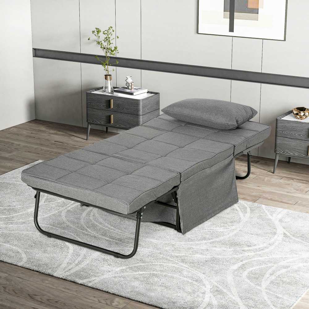 HOMCOM 4-in-1 vienvietė svečių lova, sulankstoma lova-fotelis-pufas, 8 cm čiužinys, 5 padėčių atlošas, plieno rėmas, 188x75x38 cm, pilka