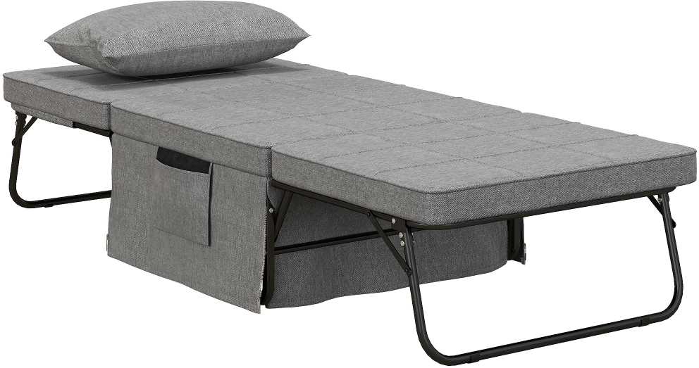 HOMCOM 4-in-1 vienvietė svečių lova, sulankstoma lova-fotelis-pufas, 8 cm čiužinys, 5 padėčių atlošas, plieno rėmas, 188x75x38 cm, pilka
