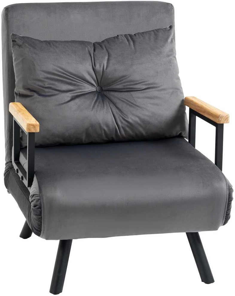 HOMCOM išskleidžiamas fotelis, viengubas sofa-lova su miegamąja funkcija, reguliuojamas poilsio fotelis, aksominė išvaizda, tamsiai pilka