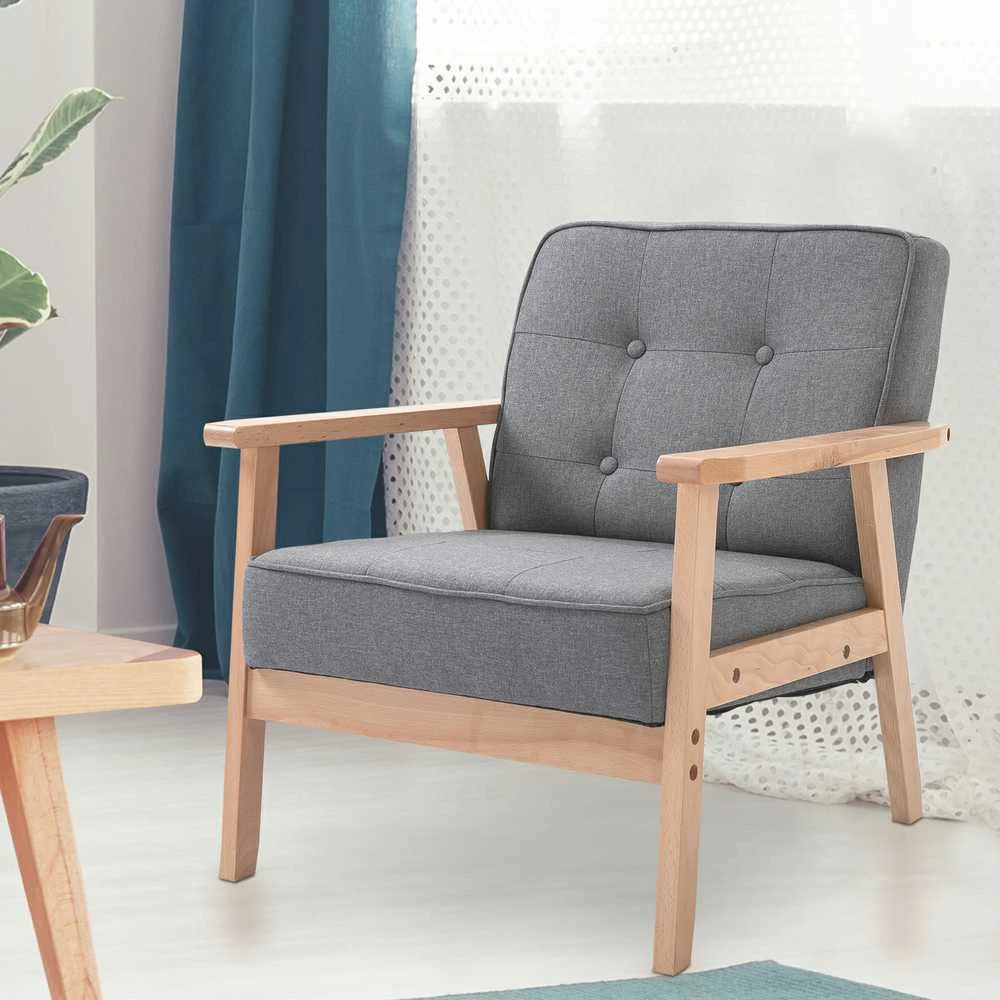 HOMCOM viengubas sofa-lovelis, minkštas fotelis su porankiais, medinis rėmas, linas, pilkas, 64,5x70x74cm