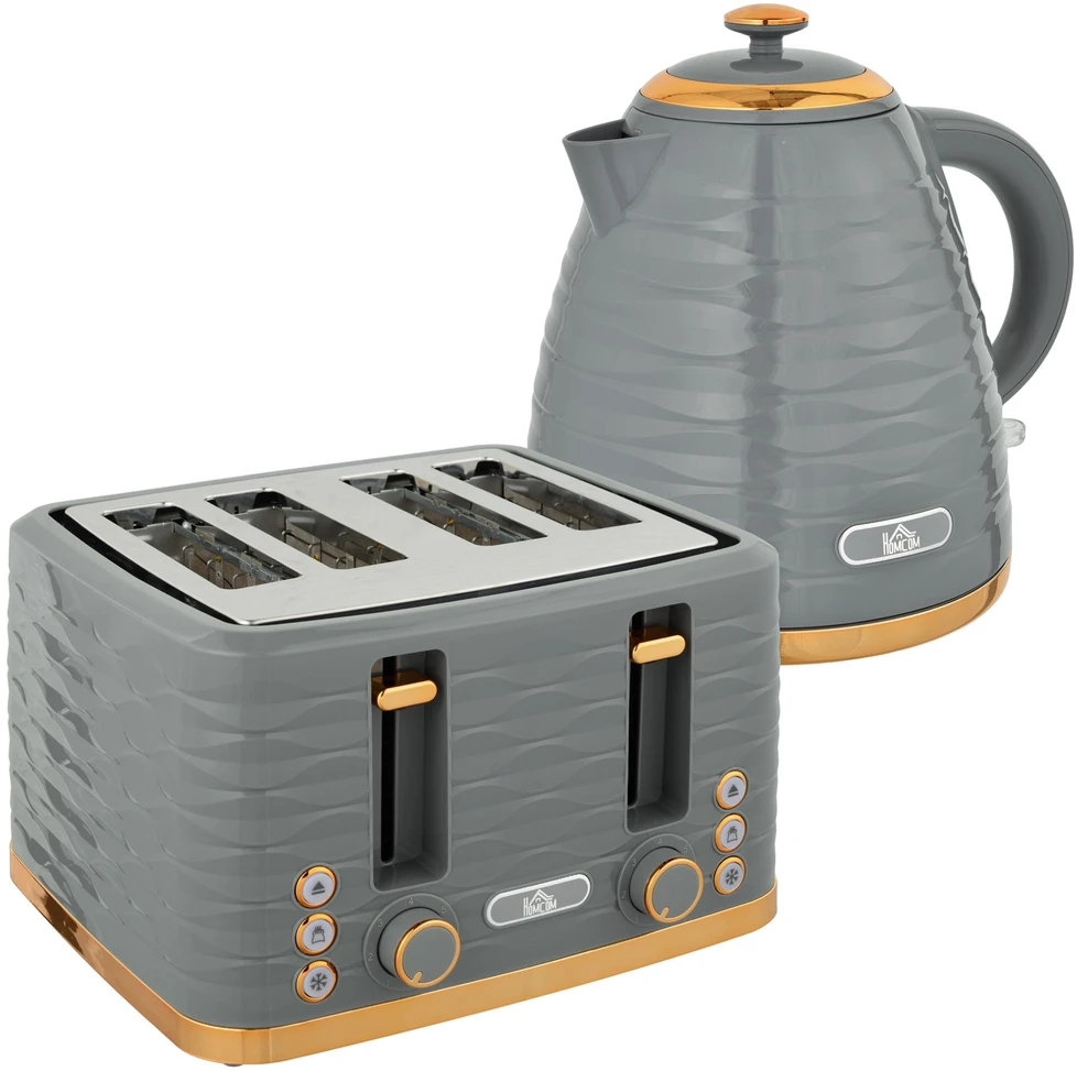 Skrudintuvas HOMCOM virdulio ir skrudintuvo rinkinys, pusryčių komplektas su 1,5 l virduliu, 4 riekelių skrudintuvu, 3000 W, 7 skrudinimo lygiais, atitirpinimo, pašildymo funkcijomis ir trupinių padėklu, „Otter“ termostatas, pilkas