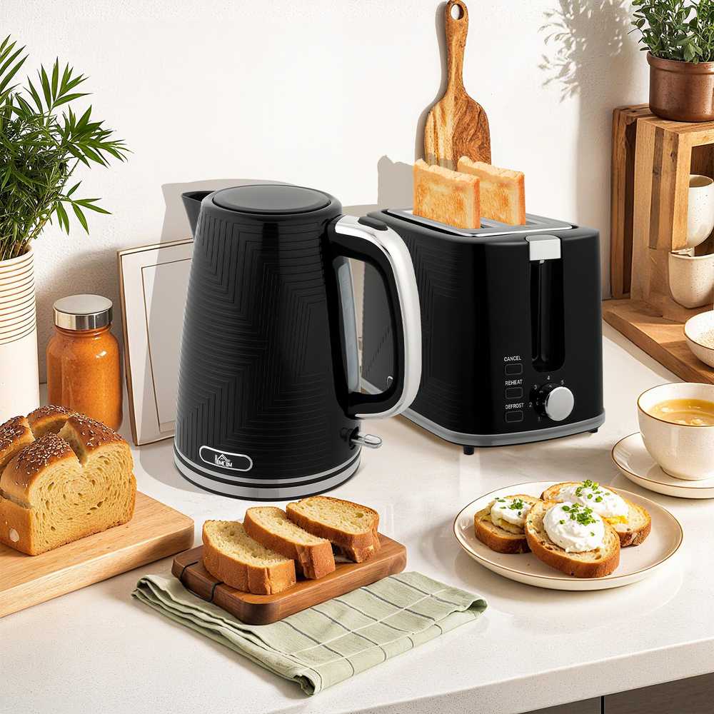 Skrudintuvas HOMCOM virdulio ir skrudintuvo rinkinys, 2200W, Otter termostatas, 2 skrudintuvų angos, 7 rudumo lygiai, dėklas trupiniams, juodas