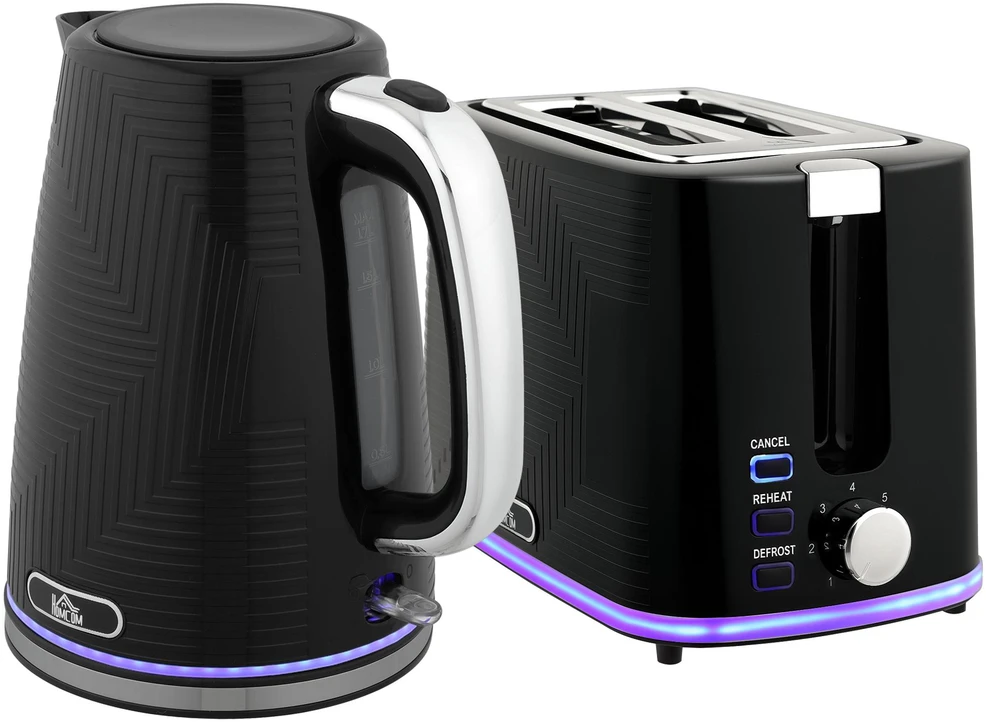 Skrudintuvas HOMCOM virdulio ir skrudintuvo rinkinys, 2200W, Otter termostatas, 2 skrudintuvų angos, 7 rudumo lygiai, dėklas trupiniams, juodas