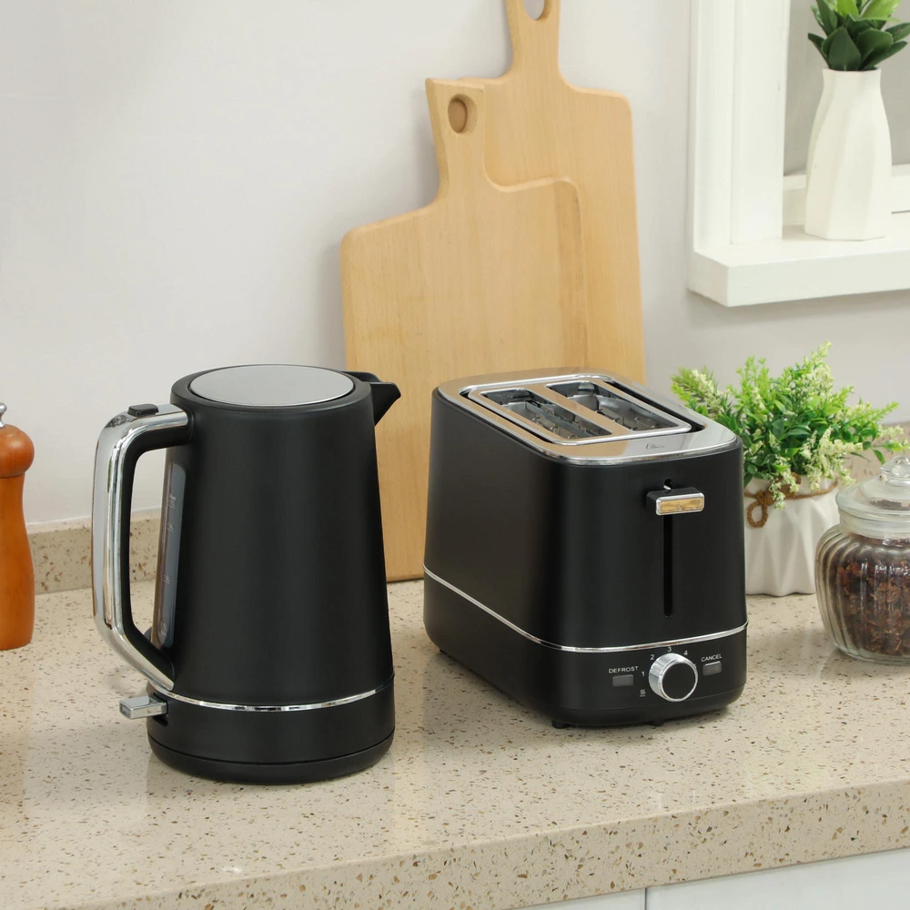 HOMCOM virdulio ir skrudintuvo rinkinys, 2200 W, 1,7 l virdulys, 2 riekelių skrudintuvas, 6 skrudinimo lygiai, pašildymo ir atitirpinimo funkcijos, pusryčių komplektas su kalkių filtru ir trupinių padėklu, juodas