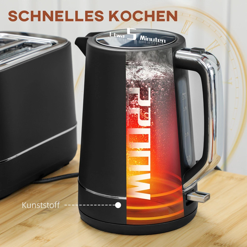 HOMCOM virdulio ir skrudintuvo rinkinys, 2200 W, 1,7 l virdulys, 2 riekelių skrudintuvas, 6 skrudinimo lygiai, pašildymo ir atitirpinimo funkcijos, pusryčių komplektas su kalkių filtru ir trupinių padėklu, juodas