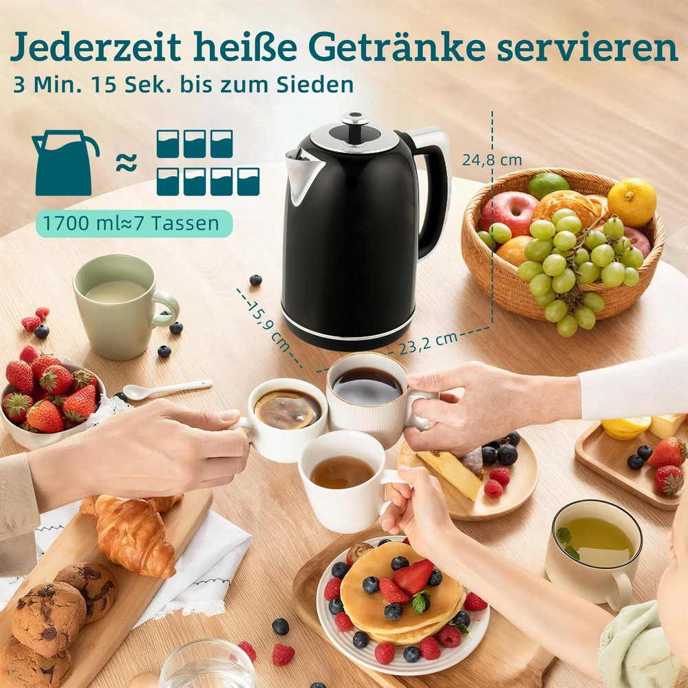 Skrudintuvas HOMCOM virdulio ir skrudintuvo rinkinys, LED ekranas, 1,7 l, 2200 W, retro dizainas, atminties funkcija, juodas
