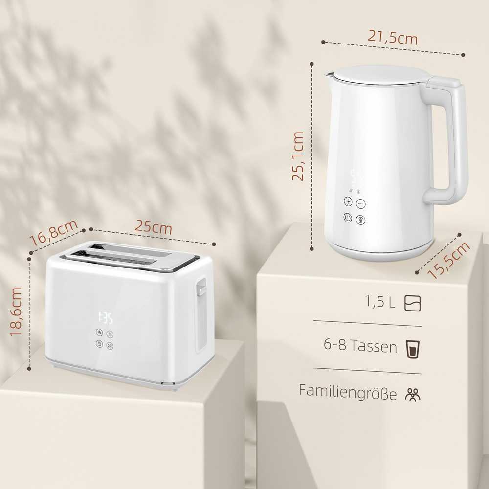 Skrudintuvas HOMCOM virdulio ir skrudintuvo rinkinys, 1,5L virdulys, 2 skrudinimo vietos, 2200W, pusryčių rinkinys su 7 skrudinimo lygiais, atitirpinimo ir pašildymo funkcija, automatinis išsijungimas, LED ekranas, balta