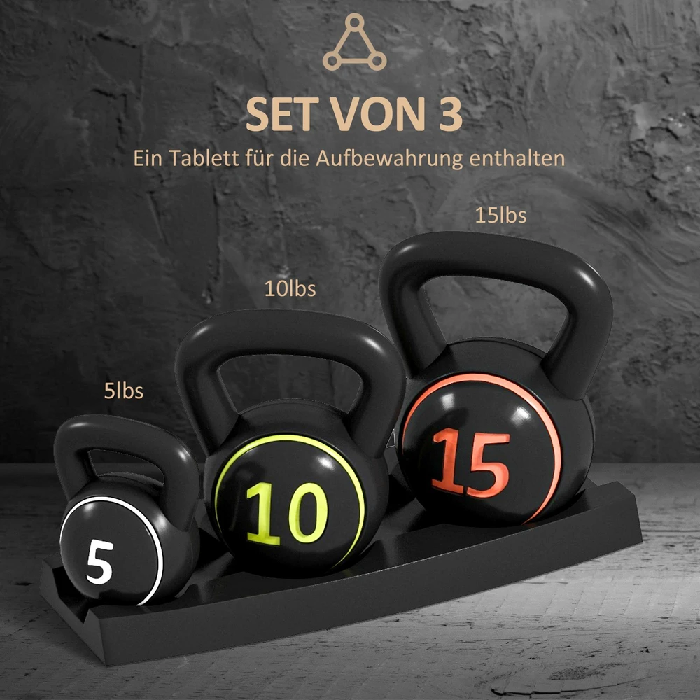 Sportnow HOMCOM virdulys (kettlebell), 2,2kg, 4,5kg, 6,8kg, 3 dalių rinkinys gimnastikai, jėgos treniruotėms, juodas