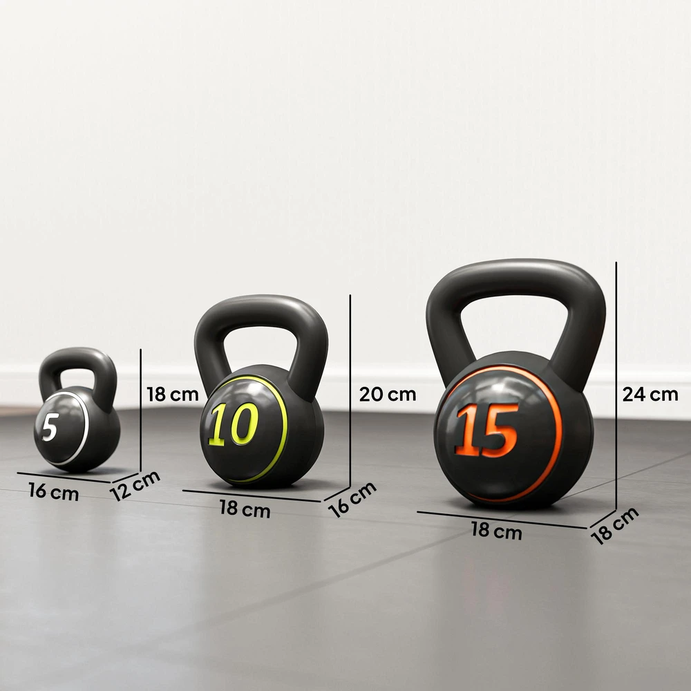 Sportnow HOMCOM virdulys (kettlebell), 2,2kg, 4,5kg, 6,8kg, 3 dalių rinkinys gimnastikai, jėgos treniruotėms, juodas