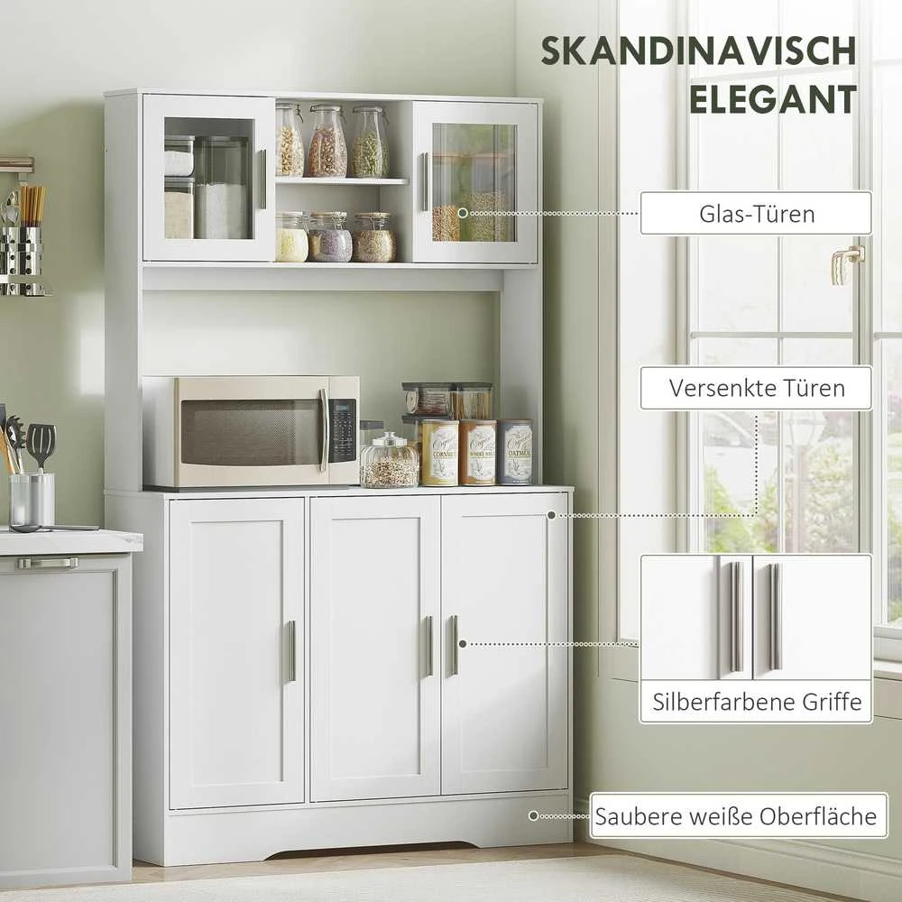 HOMCOM virtuvinė spintelė, aukšta spintelė su stalviršiu, bufetas su reguliuojamomis lentynomis, 5 durys, sandėliavimo spintelė su stiklinėmis durelėmis, skandinaviško stiliaus, balta