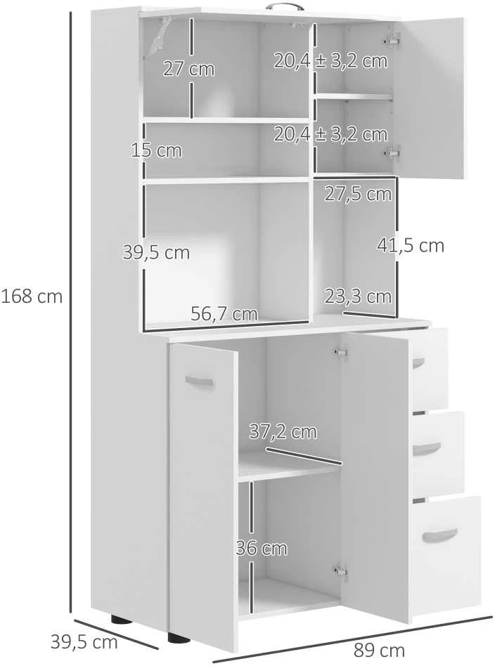 HOMCOM virtuvinė spintelė, aukšta spinta su 3 stalčiais, reguliuojamomis lentynomis, bufetas su mikrobangų krosnelės skyriumi, apsauga nuo apvirtimo, skirta svetainei, valgomajam, 89 x 39,5 x 168 cm, balta