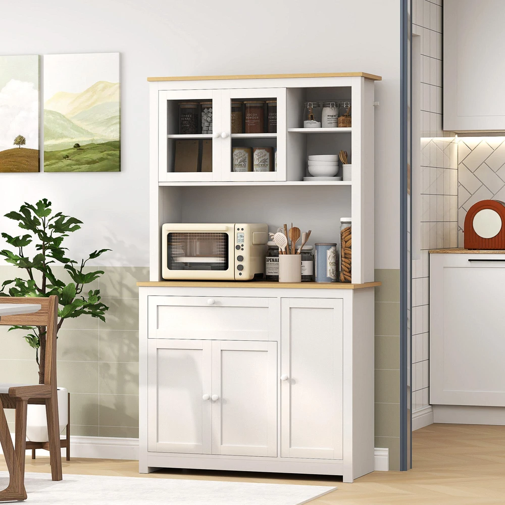 HOMCOM Virtuvės spintelė, virtuvės bufetas su stalčiumi, universali spintelė su 2 atvirais lygiais, 3 spintelės, vitrina su stalviršiu, skirta svetainei, balta, 100 x 40 x 180 cm