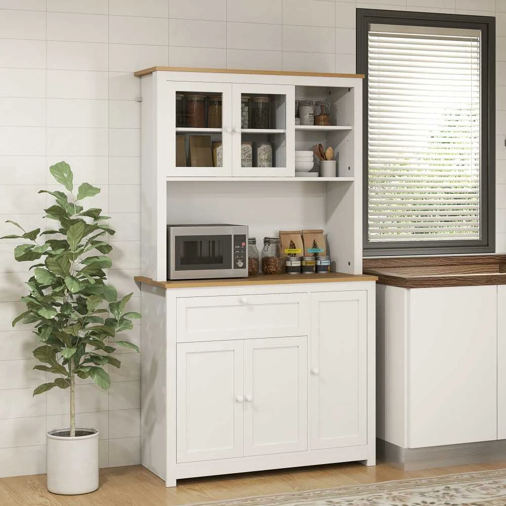 HOMCOM Virtuvės spintelė, virtuvės bufetas su stalčiumi, universali spintelė su 2 atvirais lygiais, 3 spintelės, vitrina su stalviršiu, skirta svetainei, balta, 100 x 40 x 180 cm