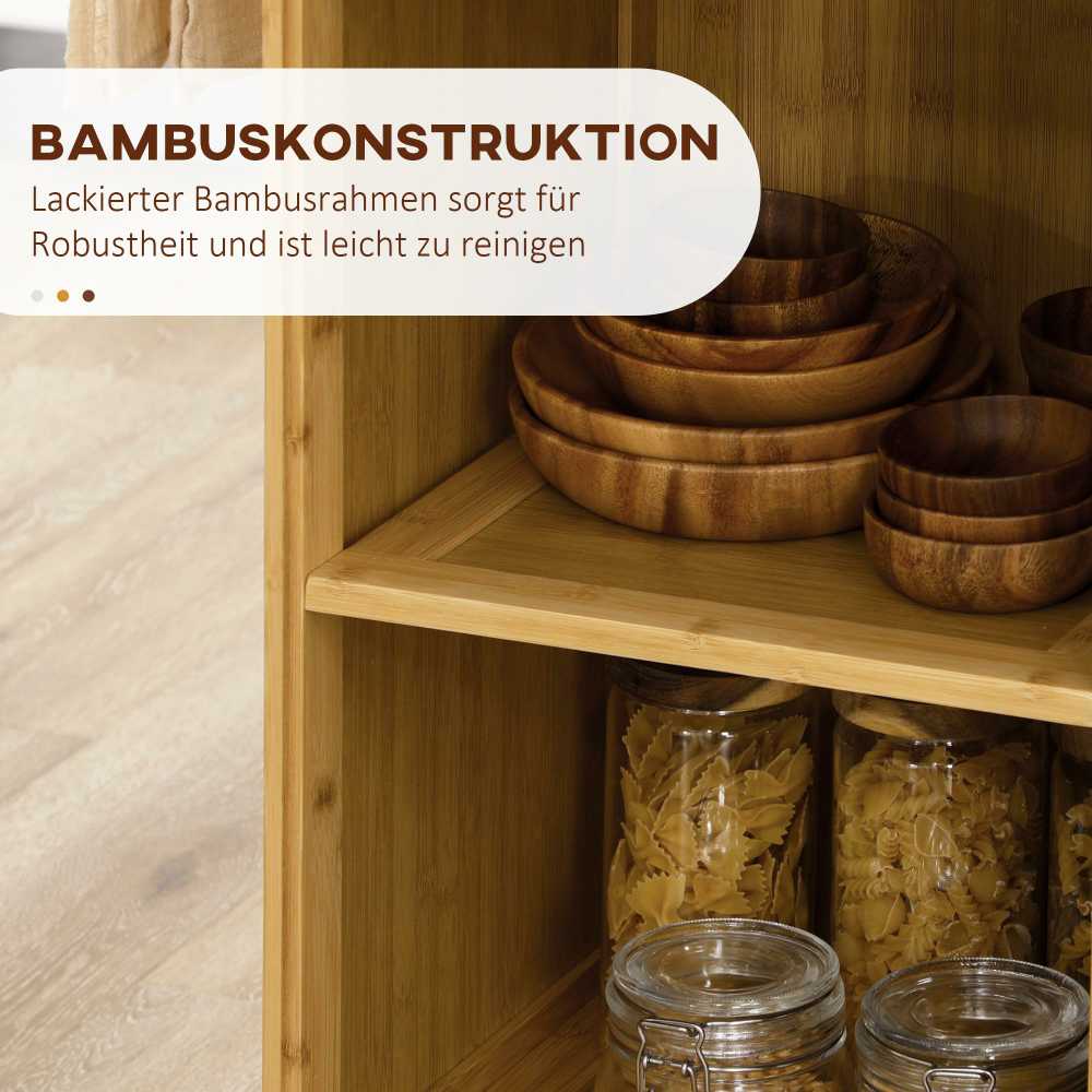 HOMCOM virtuvinis vežimėlis, serviravimo vežimėlis su stalčiumi, spintele, atviromis lentynomis, rankšluosčių laikikliu, stalviršiu, bambukinis, natūralus