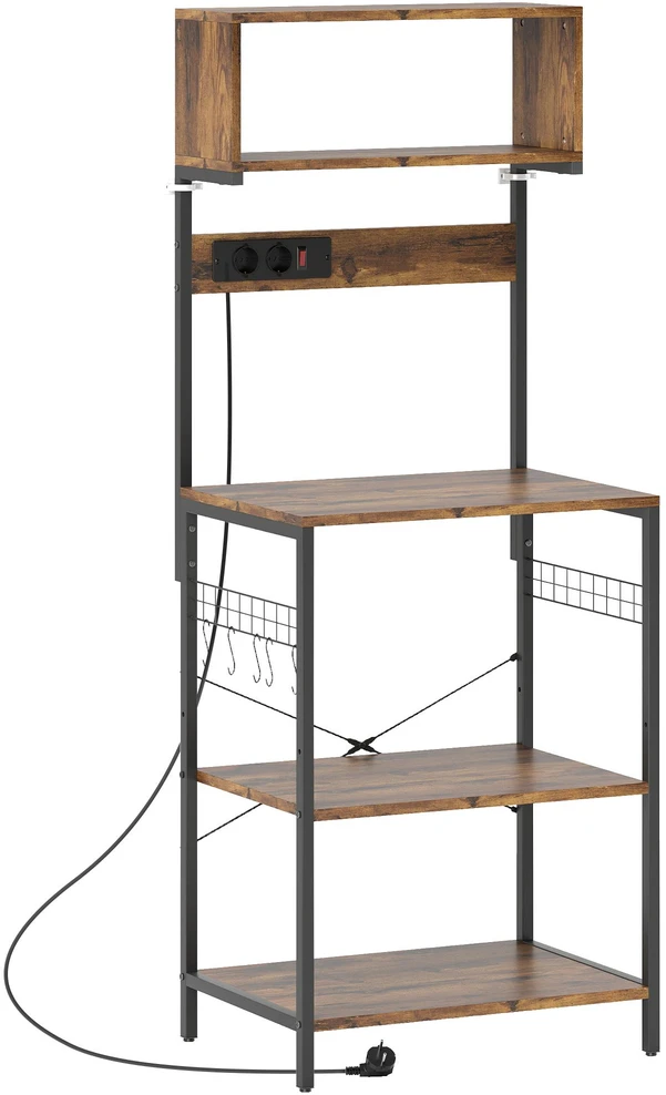 HOMCOM virtuvinė lentyna, pastatoma lentyna su 5 S formos kabliukais, 5 lentynomis, elektros lizdu, plieninė, kaimiška ruda, 60 x 42 x 153 cm