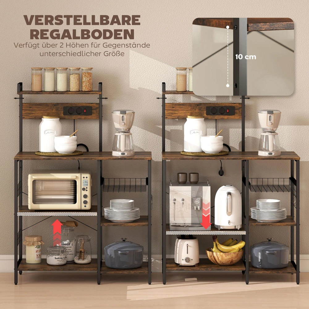 HOMCOM virtuvės lentyna, pastatoma lentyna su 2 elektros lizdais, 5 S formos kabliukais, 5 lentynomis, krepšiu, plieniniais X formos skersiniais, 90 x 42 x 130 cm