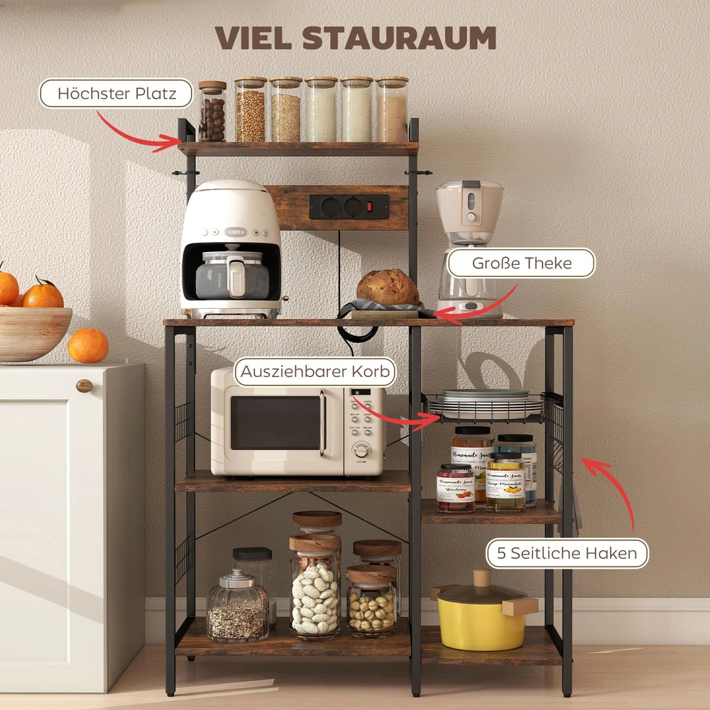 HOMCOM virtuvės lentyna, pastatoma lentyna su 2 elektros lizdais, 5 S formos kabliukais, 5 lentynomis, krepšiu, plieniniais X formos skersiniais, 90 x 42 x 130 cm