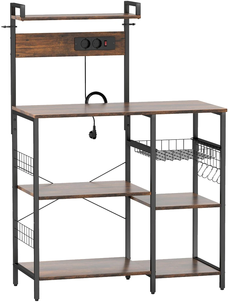 HOMCOM virtuvės lentyna, pastatoma lentyna su 2 elektros lizdais, 5 S formos kabliukais, 5 lentynomis, krepšiu, plieniniais X formos skersiniais, 90 x 42 x 130 cm